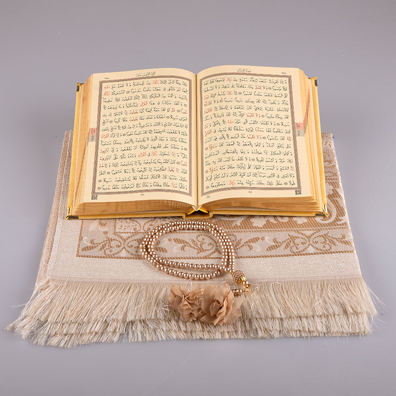 Asetat Kutulu Kadife Kuran-ı Kerim Seti (Gold)