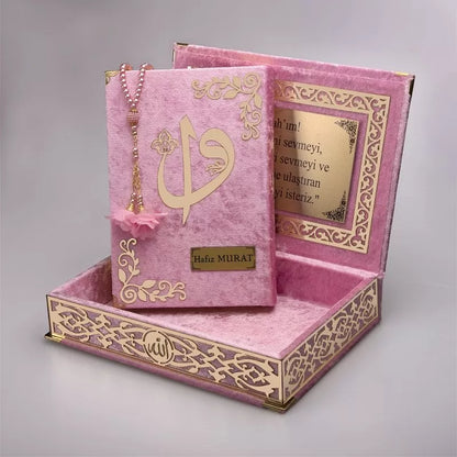 Kadife Kutulu Kur'an-ı Kerim (Pembe, Gold Süsleme)