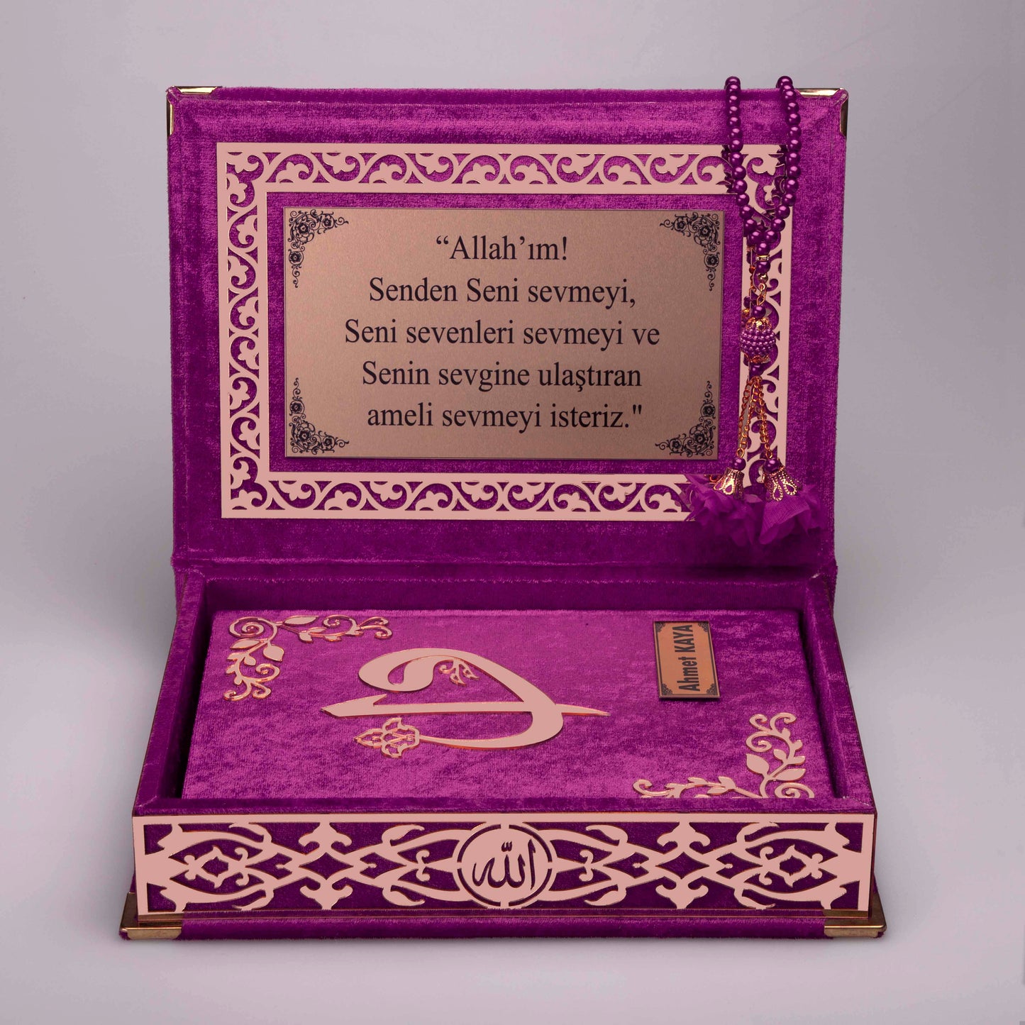 Kadife Kutulu Kur'an-ı Kerim (Lila, Gold Süsleme)