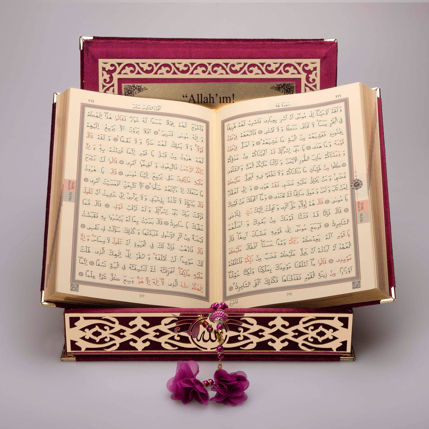 Kadife Kutulu Kur'an-ı Kerim (Bordo, Gold Süsleme)