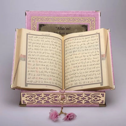 Kadife Kutulu Kur'an-ı Kerim (Pembe, Gold Süsleme)
