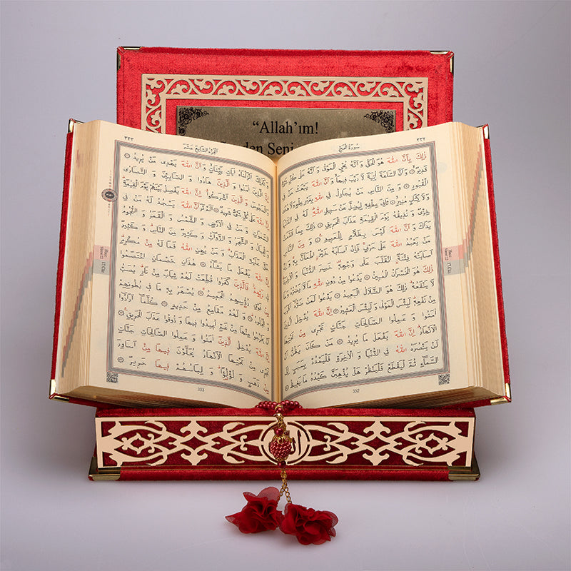 Kadife Kutulu Kur'an-ı Kerim (Kırmızı, Gold Süsleme)