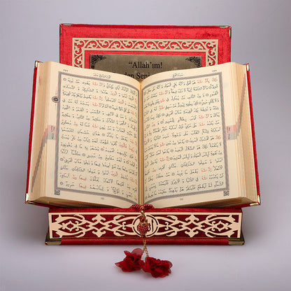 Kadife Kutulu Kur'an-ı Kerim (Kırmızı, Gold Süsleme)