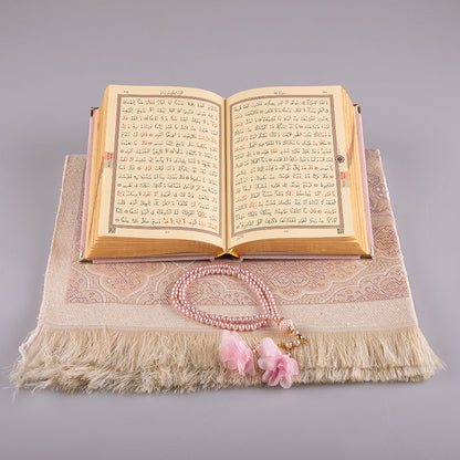 Asetat Kutulu Kadife Kuran-ı Kerim Seti (Pudra Pembe)