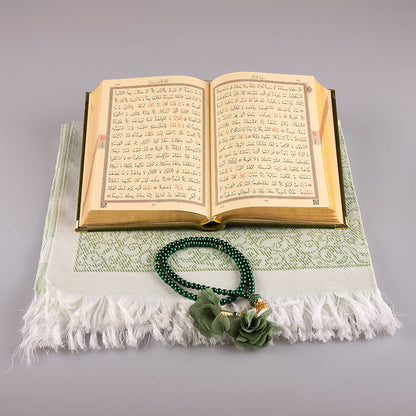 Asetat Kutulu Kadife Kuran-ı Kerim Seti (Yeşil)