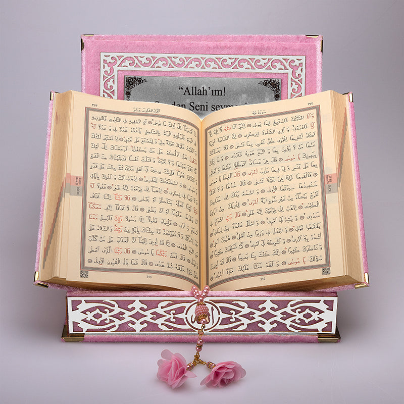 Kadife Kutulu Kur'an-ı Kerim (Bebe Pembe, Gümüş Süsleme)
