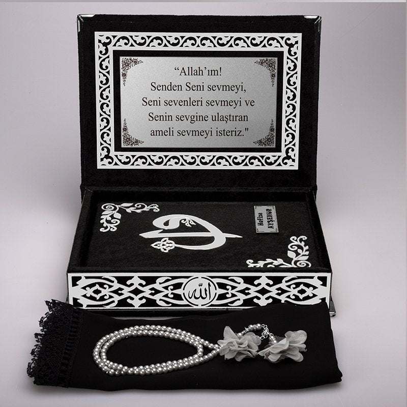 Kadife Kutulu Kur'an-ı Kerim Seti (Siyah, Gümüş Süsleme)