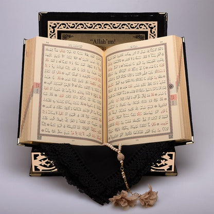 Kadife Kutulu Kur'an-ı Kerim Seti (Siyah, Gold Süsleme)