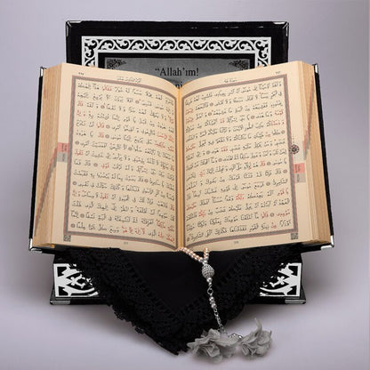 Kadife Kutulu Kur'an-ı Kerim Seti (Siyah, Gümüş Süsleme)
